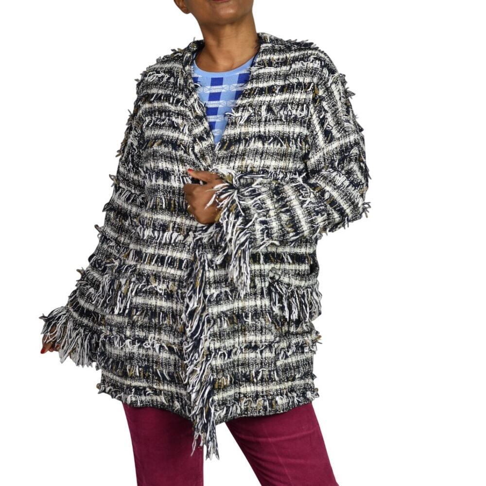 Zara Basic Fringe Tweed Coat Jacket Black White Metallic Thread Open Front Small